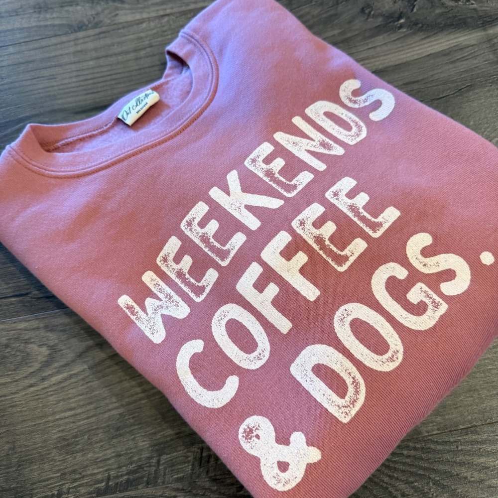 Oat Collective‎ Weekends Coffee & Dogs Sweatshirt Medium Pink Graphic Crewneck